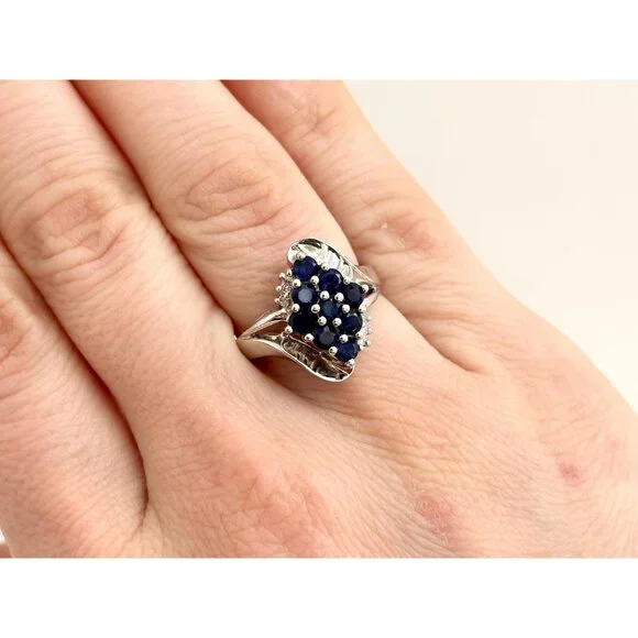 10k White Gold Blue Sapphire & White Diamond Vintage Gemstone Cocktail Ring sz 7 - Picture 10 of 10